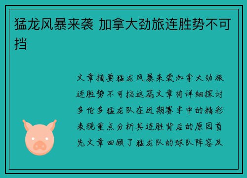 猛龙风暴来袭 加拿大劲旅连胜势不可挡